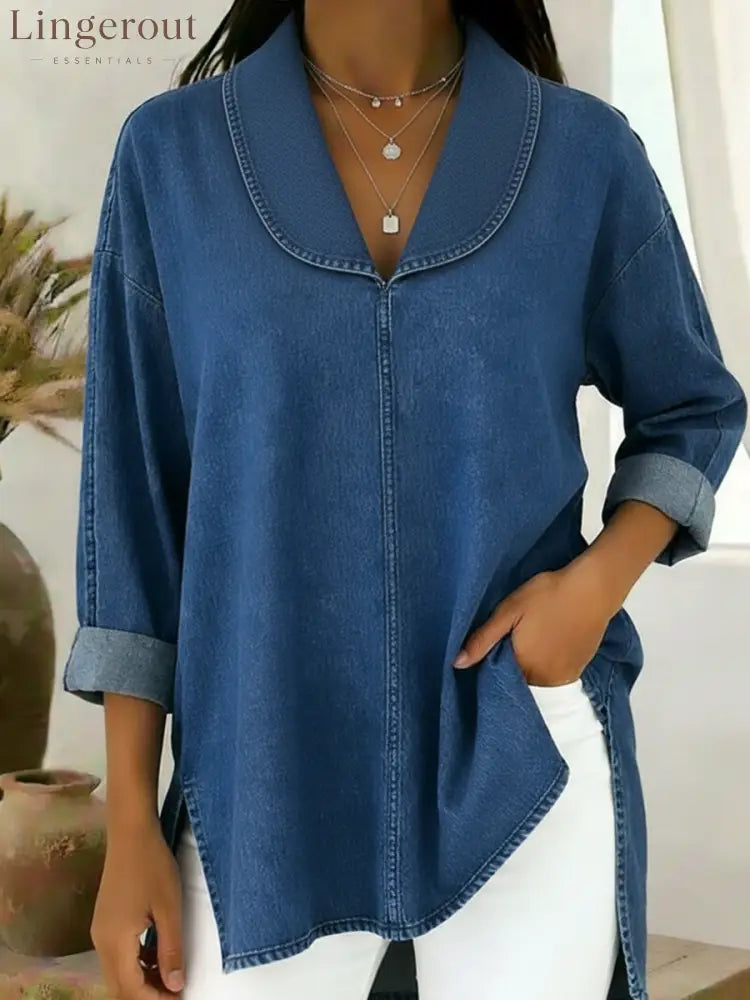 Retro Shawl Collar Denim Cotton Top - Blue / S
