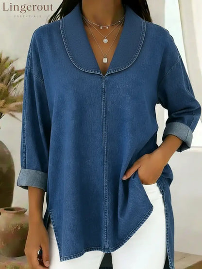 Retro Shawl Collar Denim Cotton Top - Blue / S
