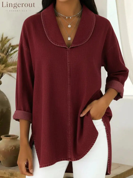 Retro Shawl Collar Denim Cotton Top - Red / S