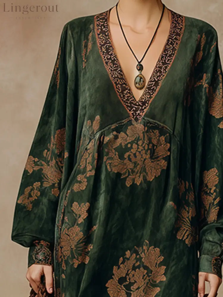 Retro Silhouette Printed Green Faux Suede Tassel Maxi Dress