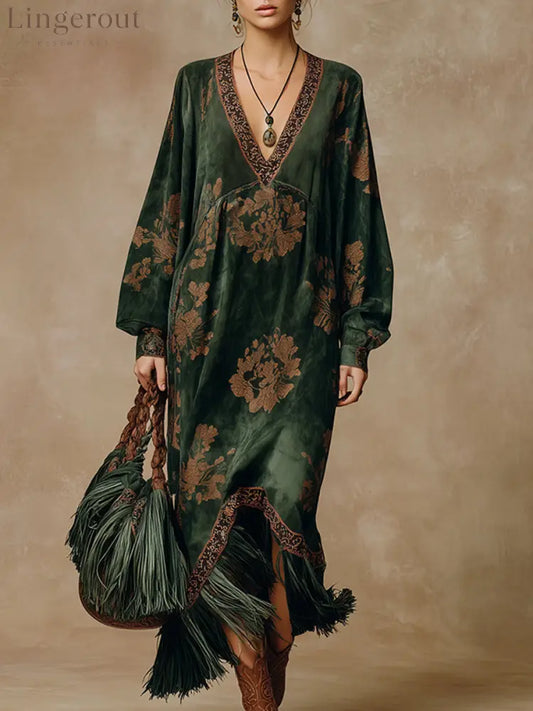Retro Silhouette Printed Green Faux Suede Tassel Maxi Dress - Green / S