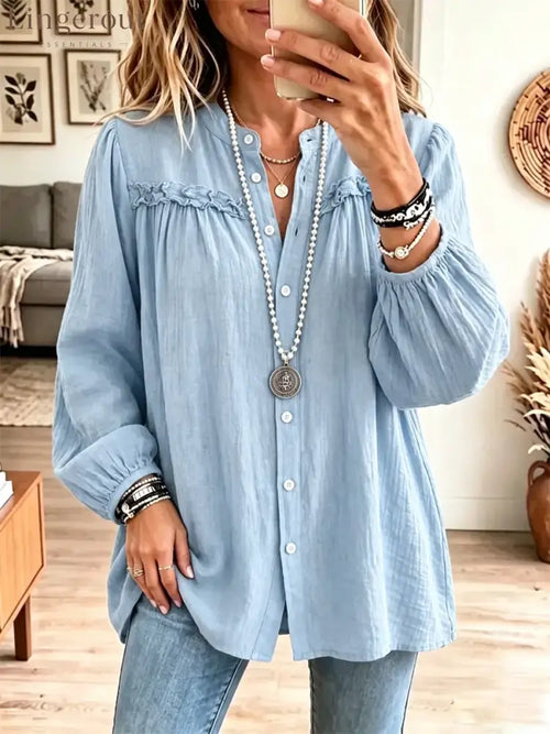 Retro Solid Color Art Casual Ruffle Stylish Long Sleeve Cotton Linen Shirt - Blue / S
