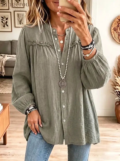 Retro Solid Color Art Casual Ruffle Stylish Long Sleeve Cotton Linen Shirt - Grey / S