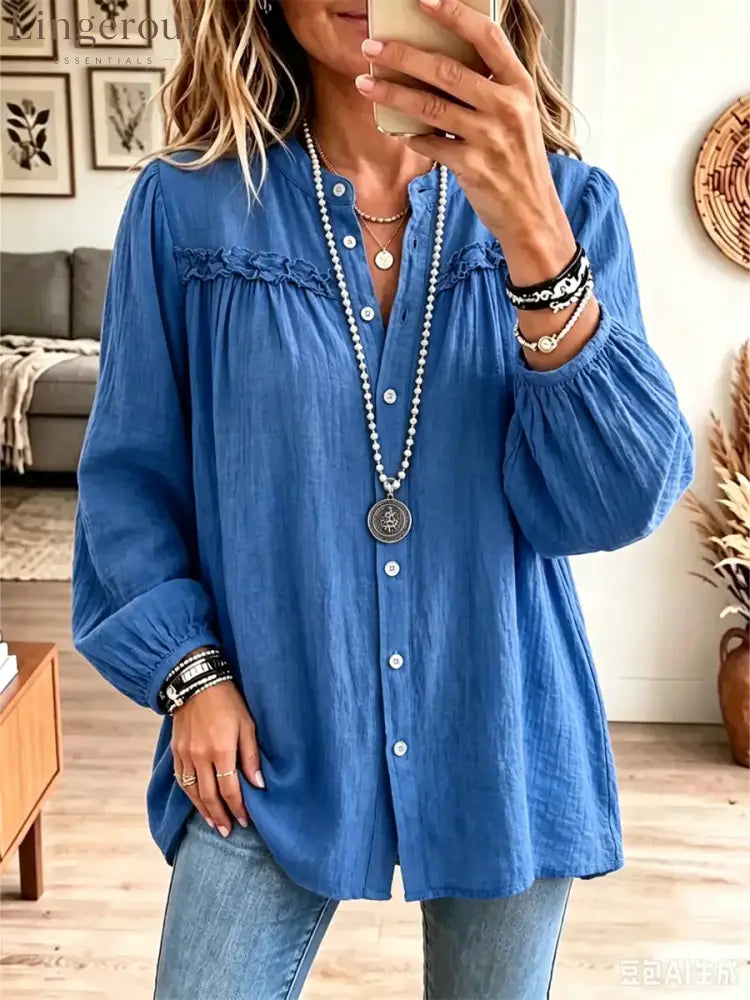 Retro Solid Color Art Casual Ruffle Stylish Long Sleeve Cotton Linen Shirt - NavyBlue / S