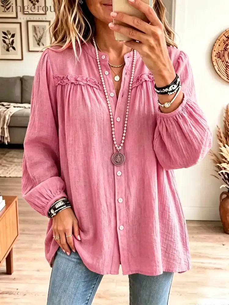 Retro Solid Color Art Casual Ruffle Stylish Long Sleeve Cotton Linen Shirt - Pink / S
