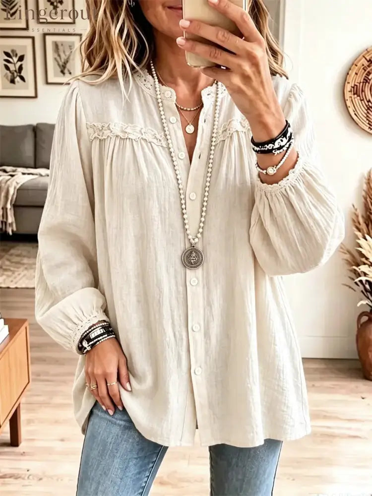 Retro Solid Color Art Casual Ruffle Stylish Long Sleeve Cotton Linen Shirt - White / S