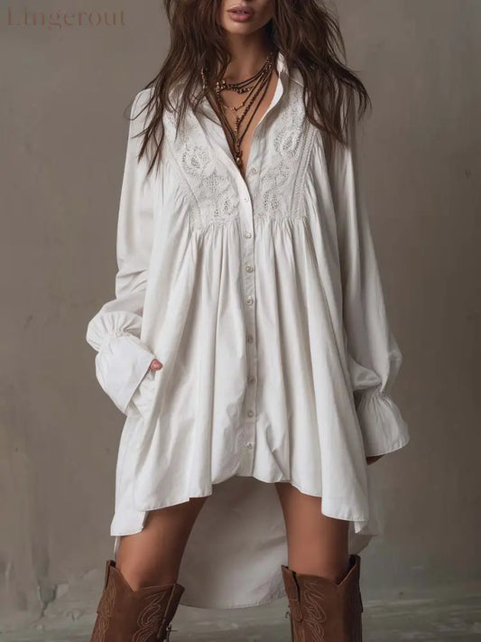 Retro-style Lace Irregular Hem Long-sleeved Mini Dress - White / XS