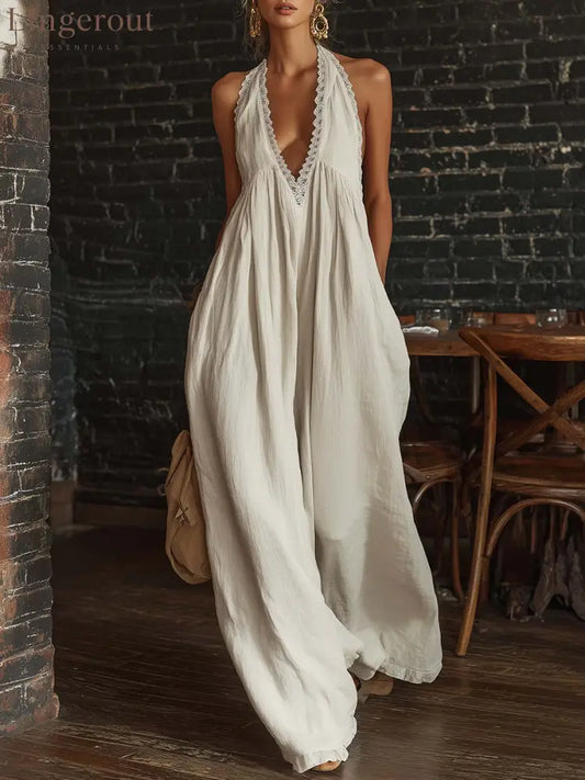 Retro Urban Bohemian V-neck Lace Trim Sleeveless Off-white Cotton Jumpsuit - Off-white / XS
