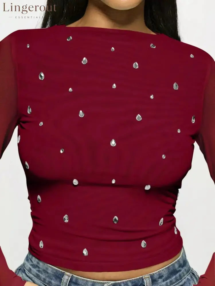 Rhinestone Embellished Long Sleeve T-Shirt