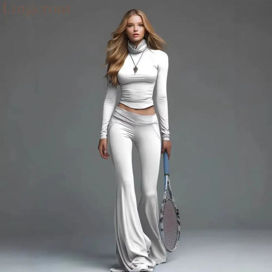 Rib Turtleneck Crop Long Sleeve Top & High Waist Flare Leg Pant 2 Piece Sporty Co-Ord Set