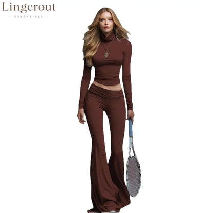 Rib Turtleneck Crop Long Sleeve Top & High Waist Flare Leg Pant 2 Piece Sporty Co-Ord Set