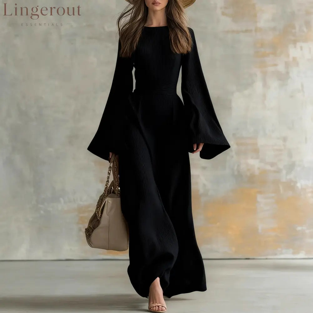 Ribbed Boat Neck Flare Sleeve Fitted Wrap Maxi Dress