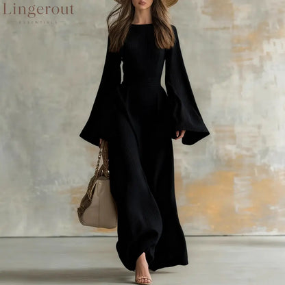 Ribbed Boat Neck Flare Sleeve Fitted Wrap Maxi Dress