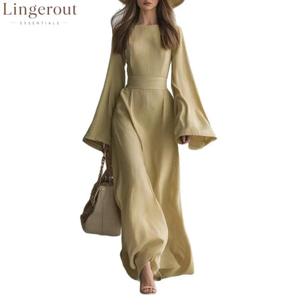 Ribbed Boat Neck Flare Sleeve Fitted Wrap Maxi Dress