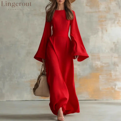 Ribbed Boat Neck Flare Sleeve Fitted Wrap Maxi Dress