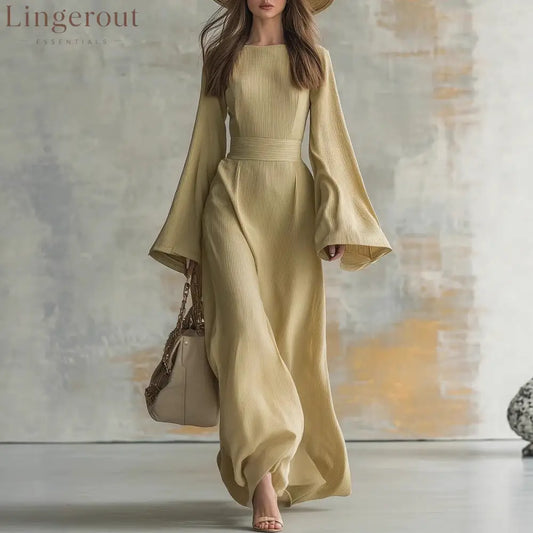 Ribbed Boat Neck Flare Sleeve Fitted Wrap Maxi Dress