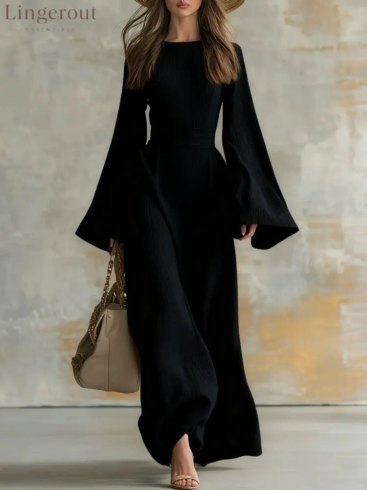 Ribbed Boat Neck Flare Sleeve Fitted Wrap Maxi Dress - Black / S