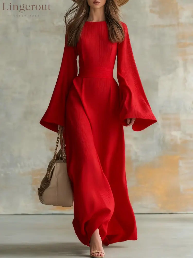 Ribbed Boat Neck Flare Sleeve Fitted Wrap Maxi Dress - Claret / S