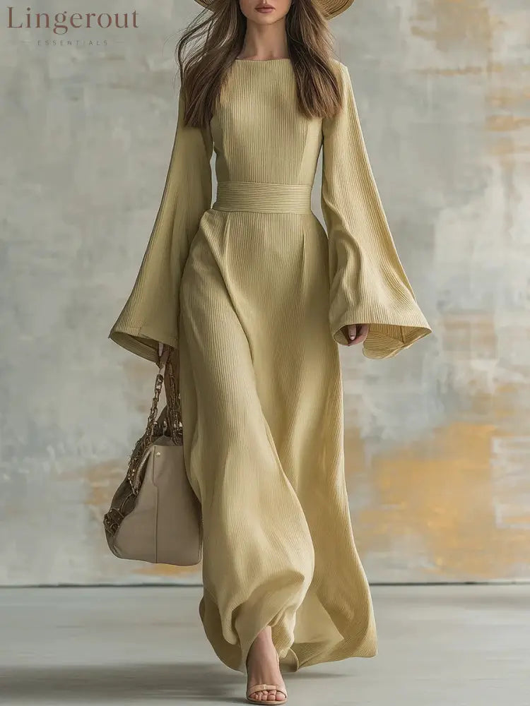 Ribbed Boat Neck Flare Sleeve Fitted Wrap Maxi Dress - Khaki / S
