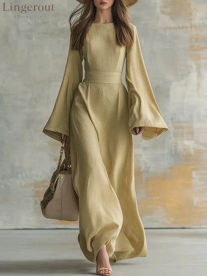 Ribbed Boat Neck Flare Sleeve Fitted Wrap Maxi Dress - Khaki / S