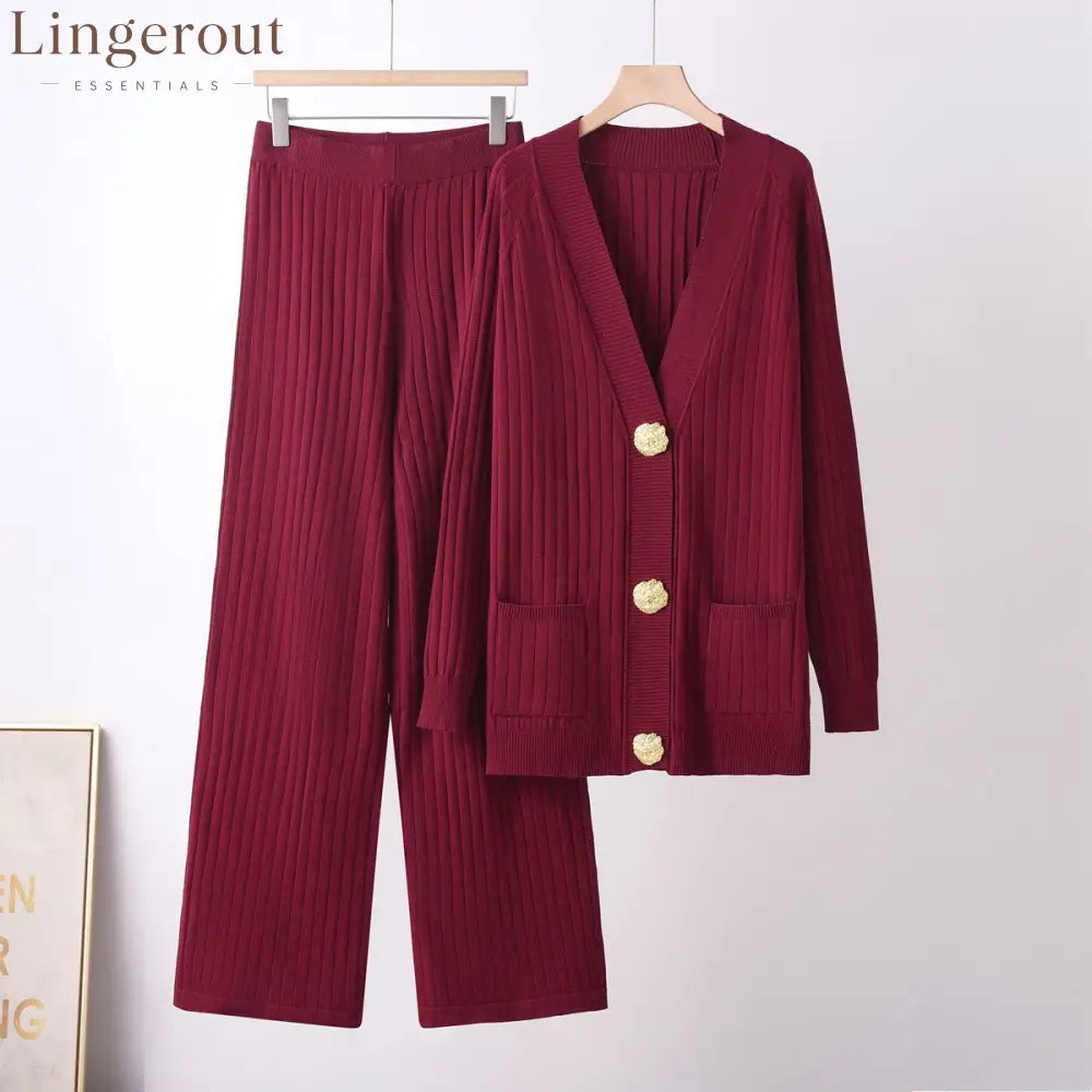 Ribbed Knit Cardigan & Wide-Leg Pants Set