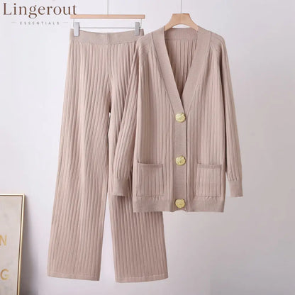 Ribbed Knit Cardigan & Wide-Leg Pants Set