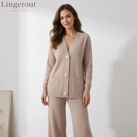 Ribbed Knit Cardigan & Wide-Leg Pants Set