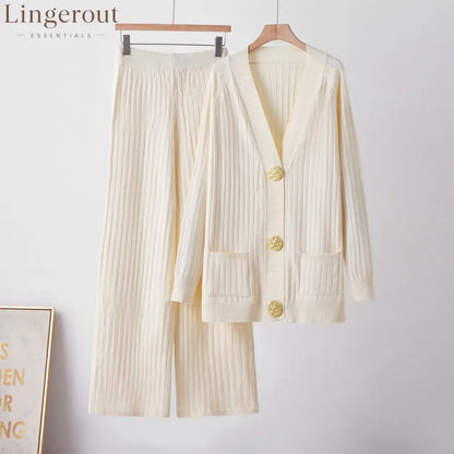 Ribbed Knit Cardigan & Wide-Leg Pants Set