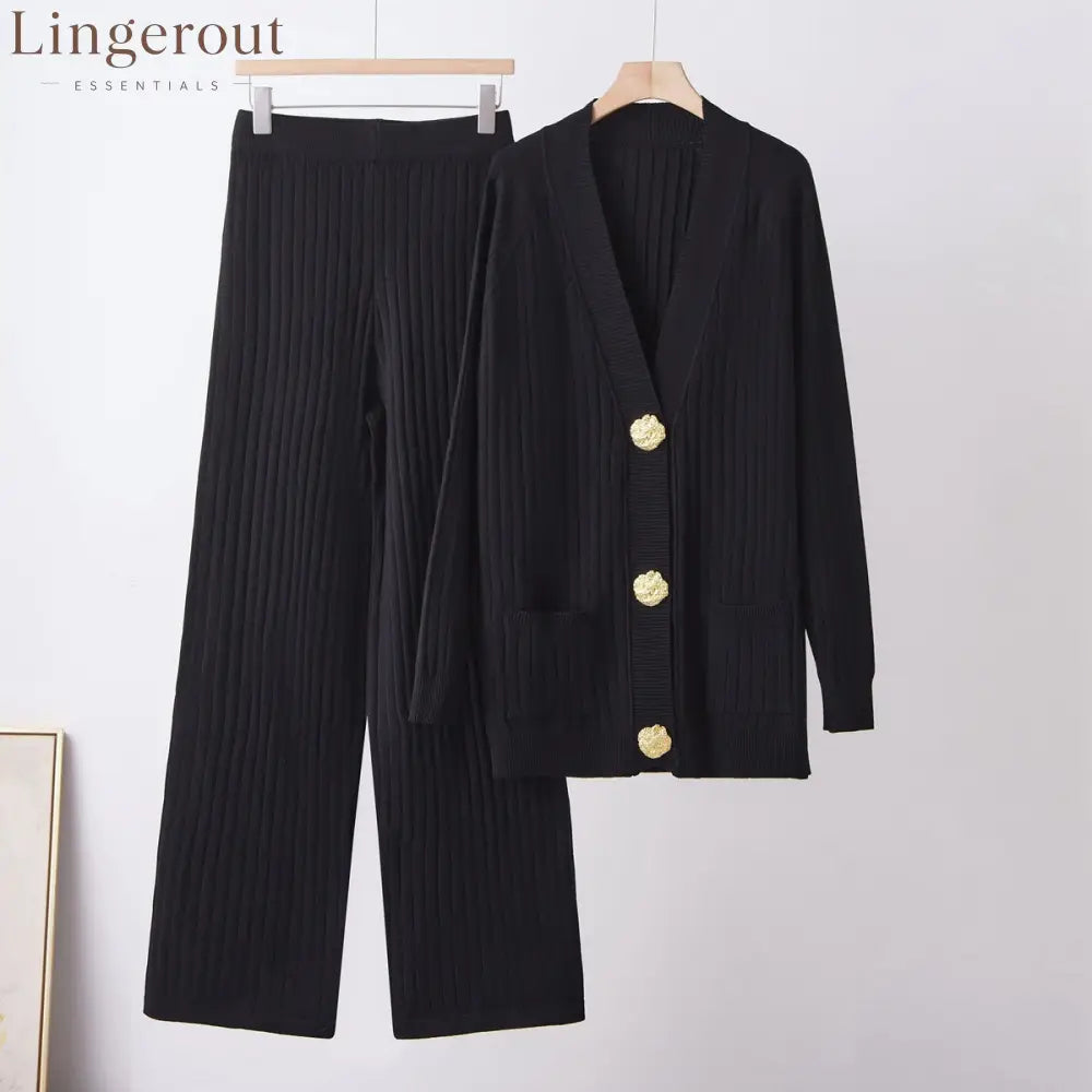Ribbed Knit Cardigan & Wide-Leg Pants Set - Black / S