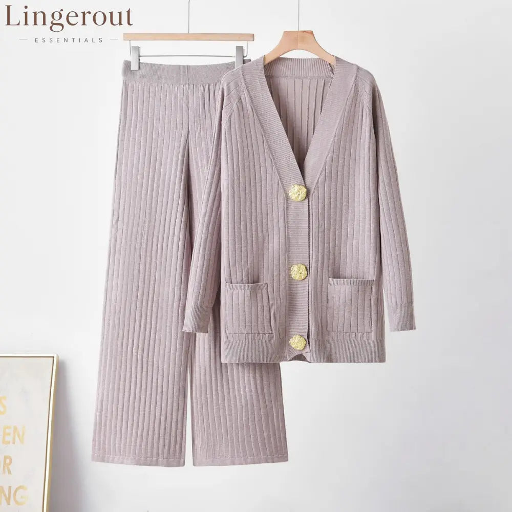 Ribbed Knit Cardigan & Wide-Leg Pants Set - Dusty Mauve / S