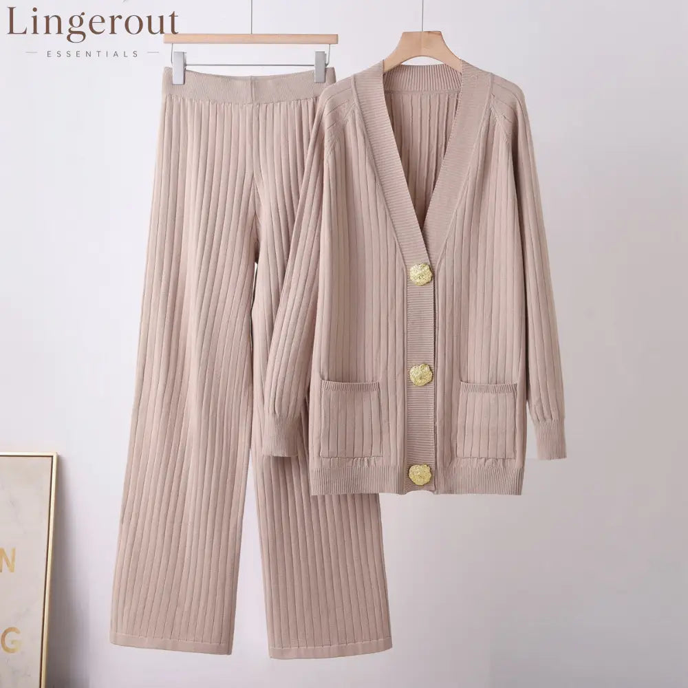 Ribbed Knit Cardigan & Wide-Leg Pants Set - Light Caramel / S