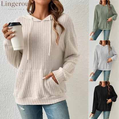 Ribbed Knit Casual Hoodie Top
