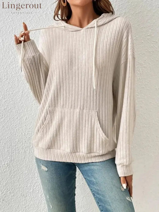 Ribbed Knit Casual Hoodie Top - Apricot / S