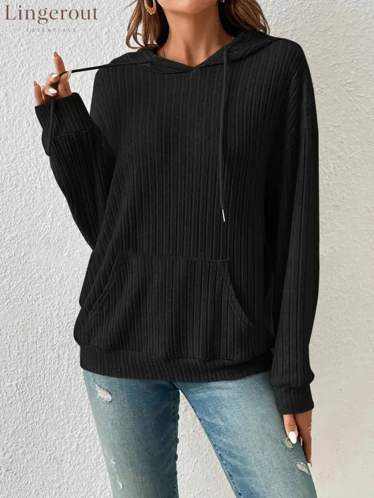 Ribbed Knit Casual Hoodie Top - Black / S