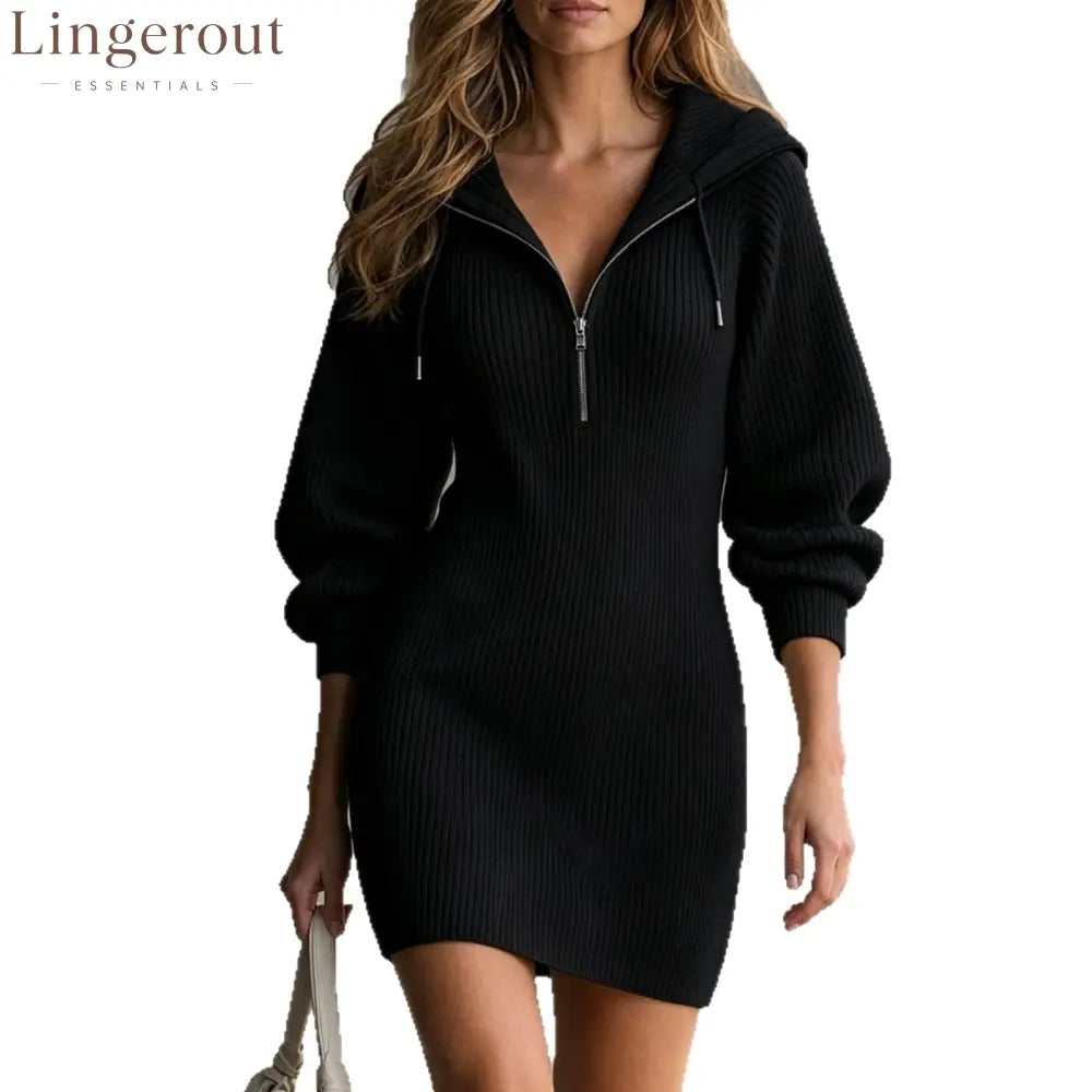 Ribbed Knit Hooded Half‑Zip Long‑Sleeve Bodycon Mini Dress