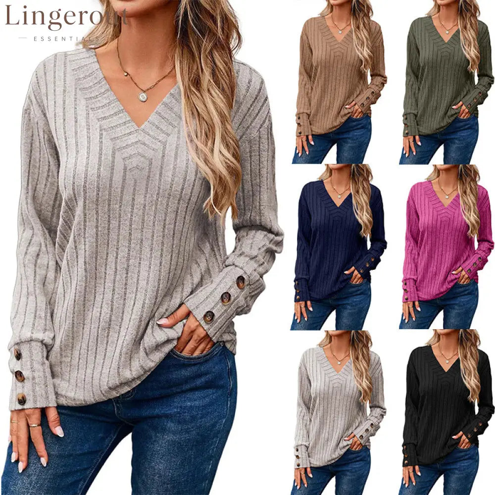 Ribbed Knit V-Neck Button Cuff Top
