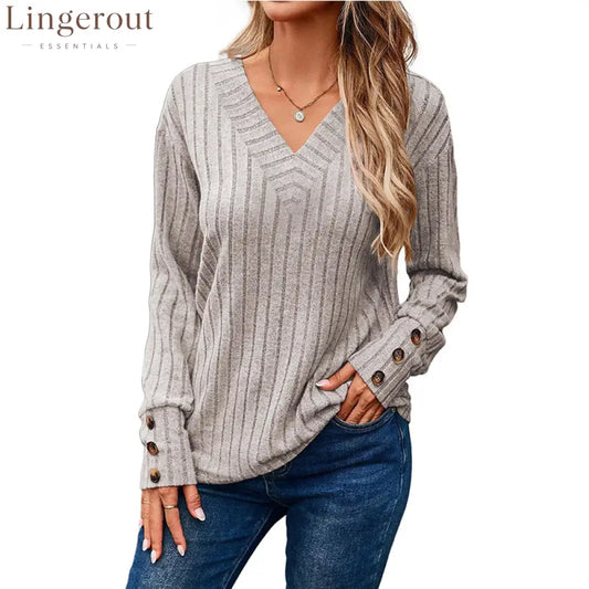 Ribbed Knit V-Neck Button Cuff Top