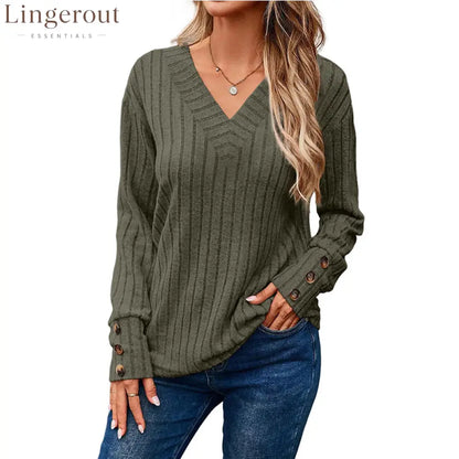 Ribbed Knit V-Neck Button Cuff Top - Army green / S
