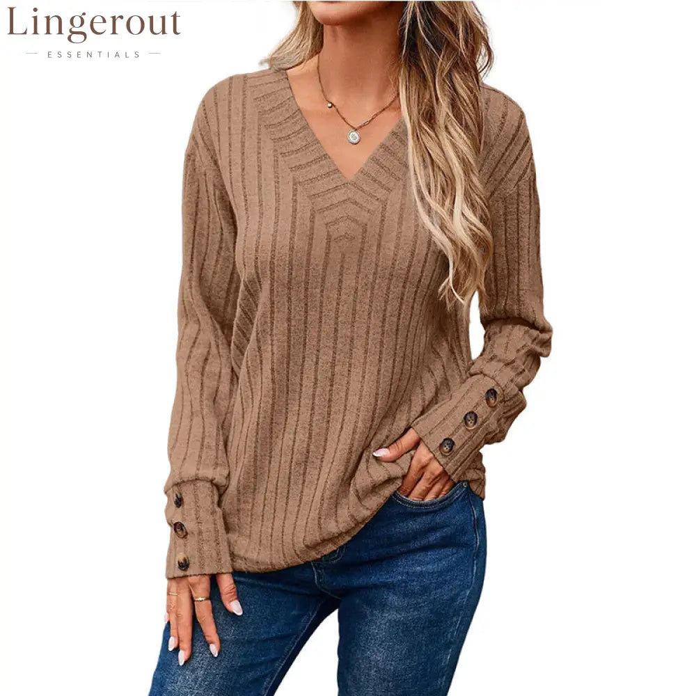 Ribbed Knit V-Neck Button Cuff Top - Coffee color / S