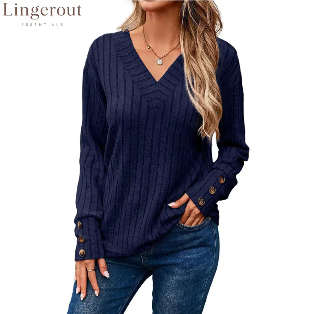 Ribbed Knit V-Neck Button Cuff Top - Navy blue / S