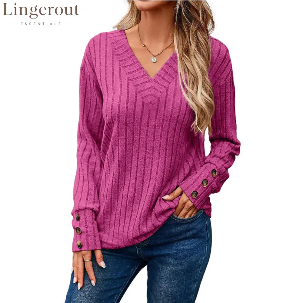 Ribbed Knit V-Neck Button Cuff Top - Rose red / S