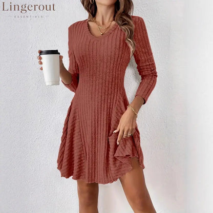 Ribbed Knit V‑Neck Long‑Sleeve Flared Mini Dress