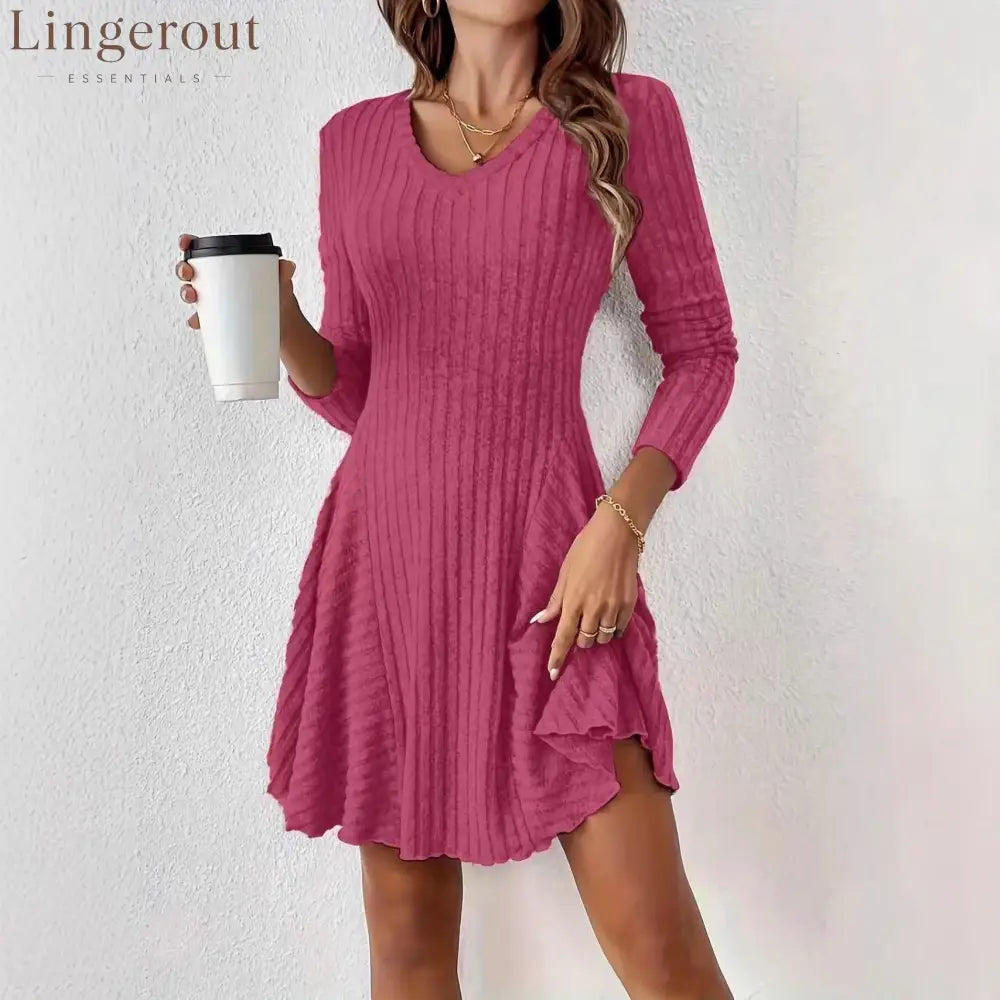 Ribbed Knit V‑Neck Long‑Sleeve Flared Mini Dress