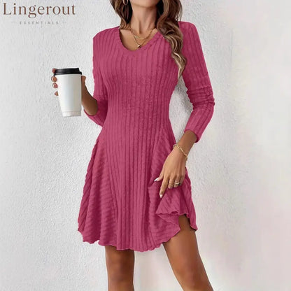 Ribbed Knit V‑Neck Long‑Sleeve Flared Mini Dress
