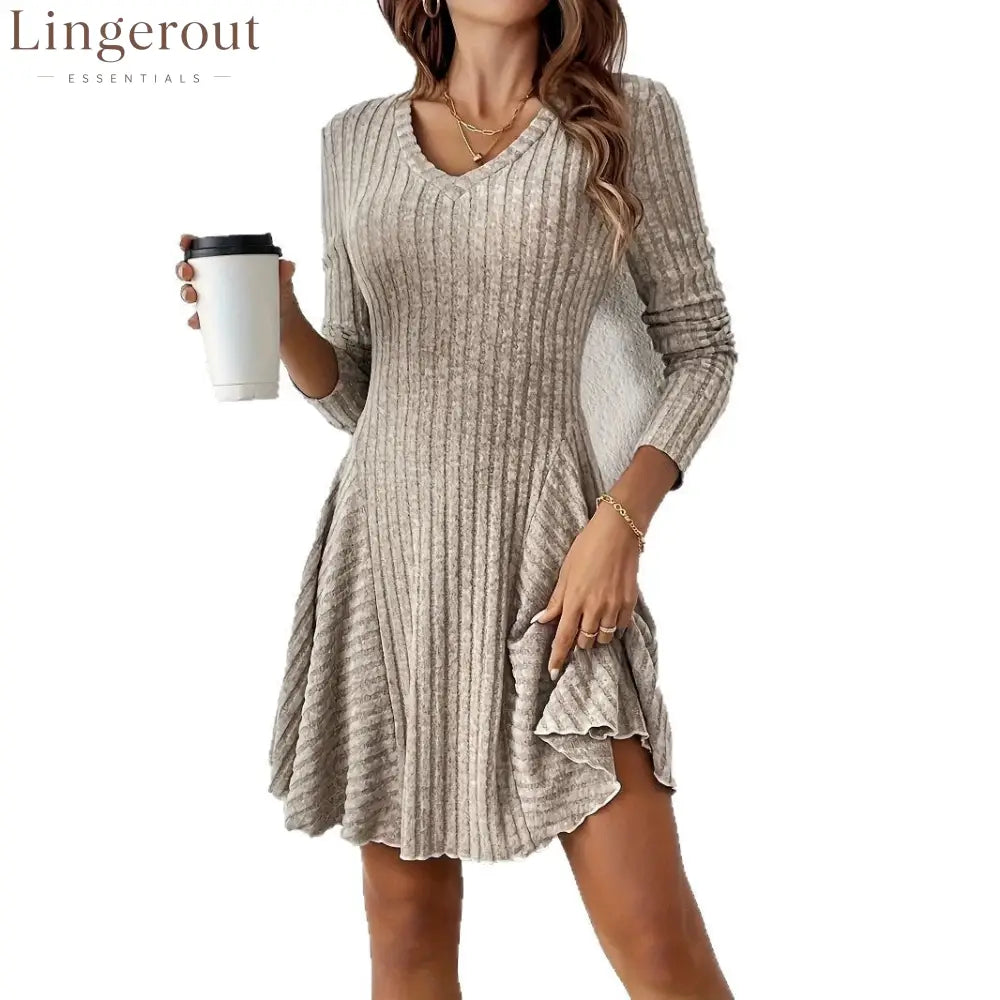 Ribbed Knit V‑Neck Long‑Sleeve Flared Mini Dress