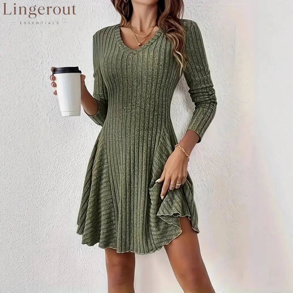 Ribbed Knit V‑Neck Long‑Sleeve Flared Mini Dress