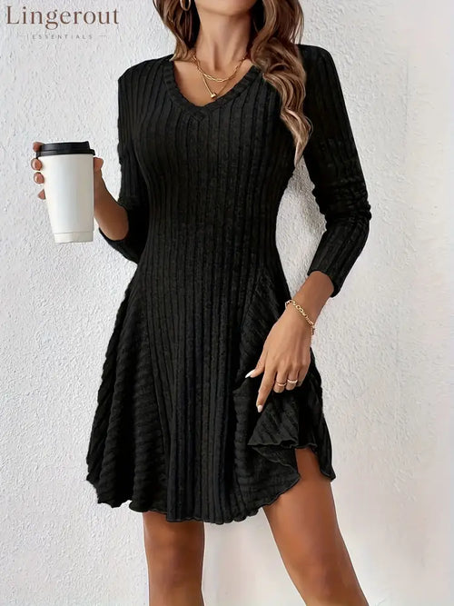 Ribbed Knit V‑Neck Long‑Sleeve Flared Mini Dress - black / S