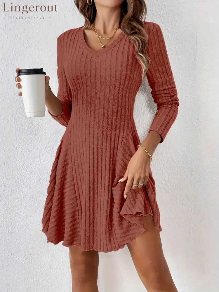 Ribbed Knit V‑Neck Long‑Sleeve Flared Mini Dress - brick‑red / S
