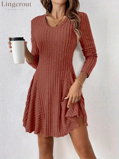 Ribbed Knit V‑Neck Long‑Sleeve Flared Mini Dress - brick‑red / S