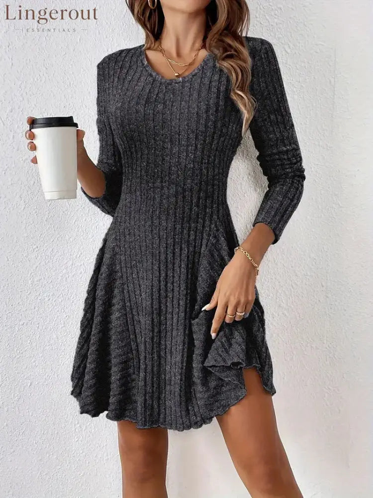 Ribbed Knit V‑Neck Long‑Sleeve Flared Mini Dress - dark gray / S